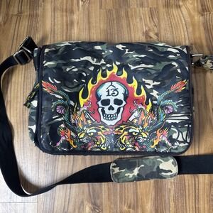 Don Ed Hardy Messenger Crossbody Satchel Skull Tiger Dragon Flames Camo Y2K READ